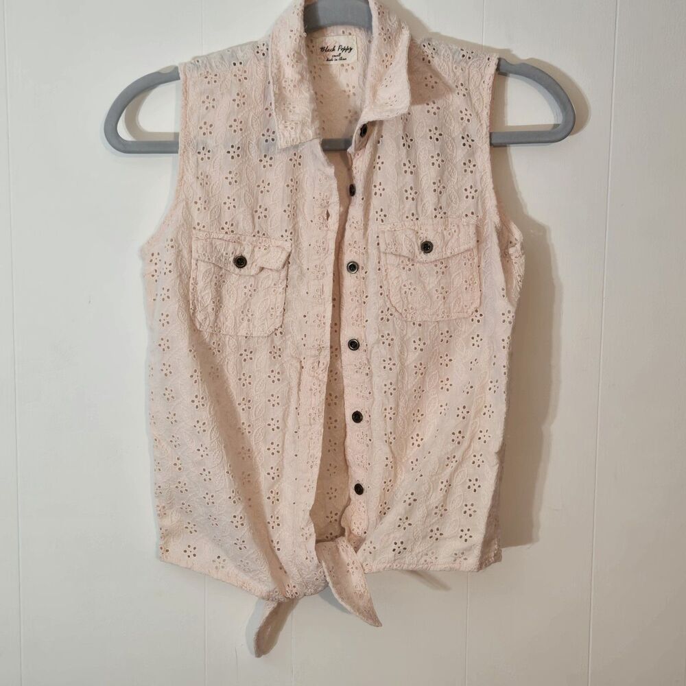 Boho Eyelet Tie Front Sleeveless Top | Cottagecore Blush Pink Button Up